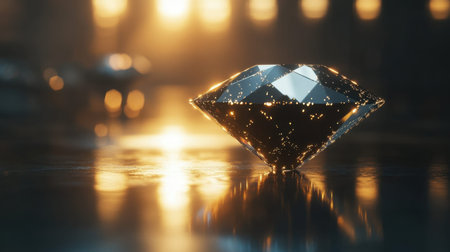 This artistic depiction showcases a brilliant diamond reflecting warm hues, emphasizing its sparkling facets and captivating texture. Perfect for themes of luxury and elegance.の素材