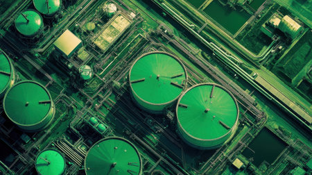 This aerial image captures large industrial oil storage tanks surrounded by extensive piping and facilities. The greenish tones lend a unique visual appeal, making it perfect for themes of energy and industrial efficiency.の素材