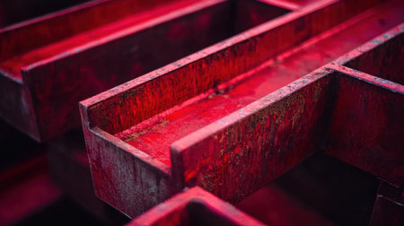 This image features a close-up view of rusty metal grating illuminated by red light, showcasing intricate textures and patterns. Perfect for industrial themes.の素材