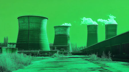 This image features cooling towers emitting smoke, set against a striking green-tinted background, representing industrial air pollution and energy production.の素材