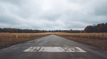 A tranquil road stretches through a cornfield, surrounded by autumn colors and a dramatic cloudy sky, creating a serene and picturesque rural scene.の素材