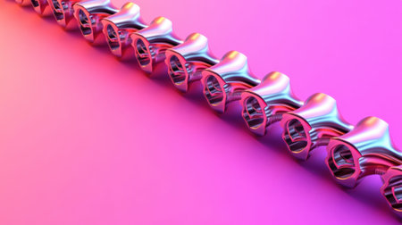 This image features an abstract metallic chain rendered in a vibrant gradient of pink and purple. Ideal for modern design, technology, and creative projects.の素材