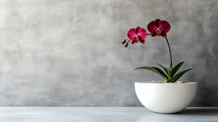 This image features a stunning Phalaenopsis orchid elegantly arranged in a white pot against a minimalist grey background, perfect for enhancing modern decor.の素材