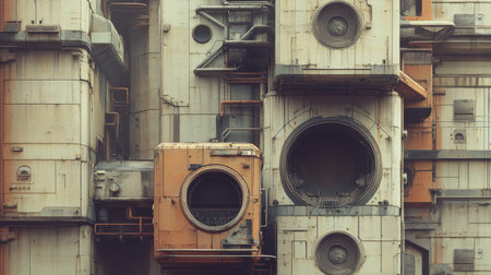 This image shows an abstract close-up of futuristic industrial structures with intricate details, showcasing unique shapes and muted colors that inspire creativity.の素材