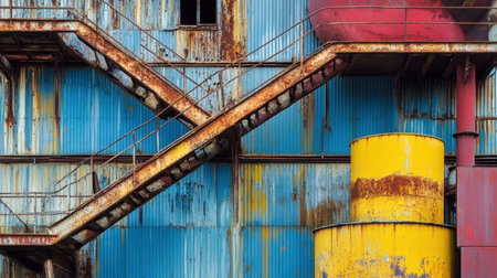 An intriguing view of an abandoned industrial facility featuring a rusty staircase, colorful metal tanks, and distressed blue walls, creating a unique aesthetic.の素材