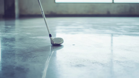 This image captures a close-up view of a golf club resting on a polished indoor floor, showcasing reflections and a blend of light and shadow.の素材