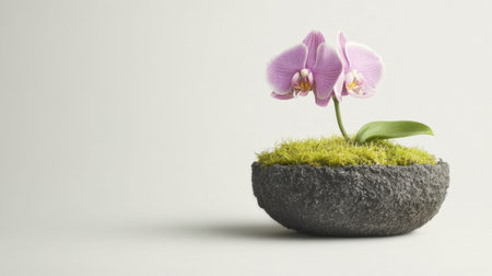 A stunning pink orchid flower elegantly displayed in a minimalist stone planter adorned with vibrant green moss, perfect for adding beauty to any space.の素材