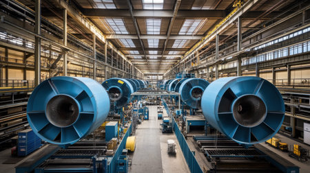 An impressive view of an industrial manufacturing facility featuring large blue turbines, showcasing a modern and spacious warehouse filled with advanced engineering designs.の素材