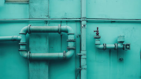 A close-up view of industrial pipes on a turquoise wall, highlighting the intriguing textures and colors of urban settings, suitable for design and construction themes.の素材