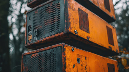 A collection of stacked orange industrial boxes displaying weathered textures and rustic details, set against a tranquil forest backdrop.の素材