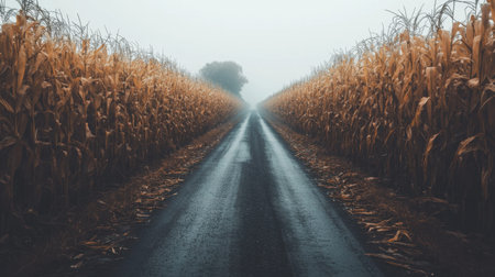 A tranquil scene featuring a misty pathway through a cornfield. The golden stalks rise on either side of a wet asphalt road, creating a peaceful atmosphere.の素材
