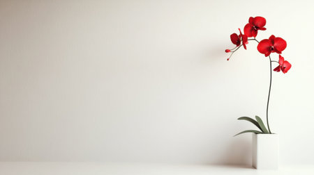A stunning red orchid flower positioned in a sleek white vase, set against a minimalistic background, offering an elegant touch to any interior space.の素材