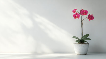 A stunning pink orchid plant in a decorative pot stands elegantly against a minimalist wall, illuminated by soft natural light creating gentle shadows.の素材