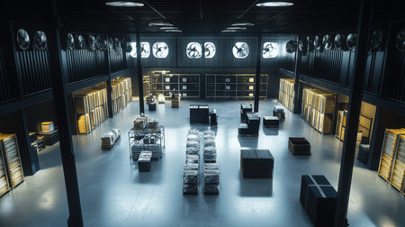 A spacious modern warehouse interior features industrial shelving and pallet racks illuminated by bright lights, showcasing organized storage and an efficient environment.の素材