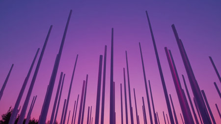 This captivating abstract landscape features vertical poles reaching into a gradient sky, creating a serene and tranquil atmosphere at dusk.の素材