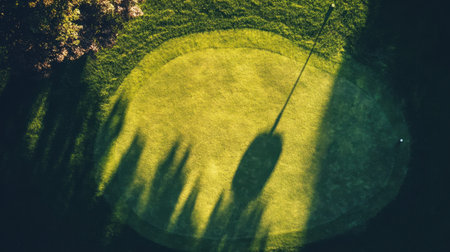 This aerial shot captures a golf green surrounded by vibrant grass. The contrasting shadows add depth, offering a peaceful view of outdoor leisure and recreation.の素材