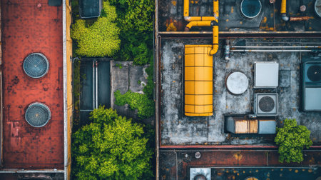 This aerial view captures a vibrant urban rooftop scene, showcasing a blend of lush greenery and industrial features amidst the city landscape.の素材