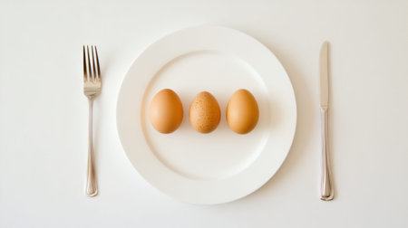 This image features three different types of eggs arranged on a white plate with a fork and knife. The minimalist design emphasizes the freshness and simplicity of the ingredients, perfect for food lovers.の素材