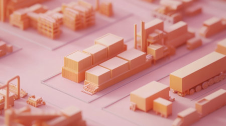 This image portrays a minimalistic warehouse setting with pastel pink shipping containers and various transportation vehicles, showcasing an abstract industrial layout.の素材