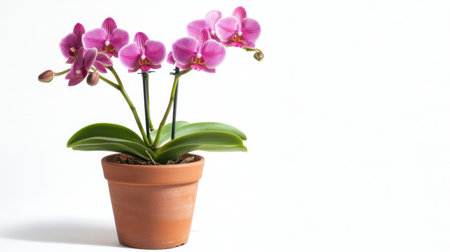 A stunning pink orchid gracefully displayed in a terracotta pot against a bright, clean background. This image captures the beauty and elegance of nature.の素材