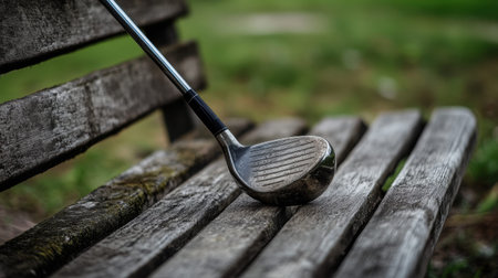 A detailed close-up of a golf club resting on a weathered wooden bench, set against vibrant grass. The image captures a serene moment in nature, ideal for sports enthusiasts.の素材