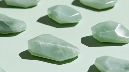 A serene arrangement of natural green stones set against a soft green background, evoking feelings of tranquility and wellness, ideal for various design uses.の素材