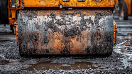 A close-up view of a heavy machinery roller on a construction site, highlighting its textured surface as it compacted wet asphalt and gravel, showcasing industrial efficiency.の素材