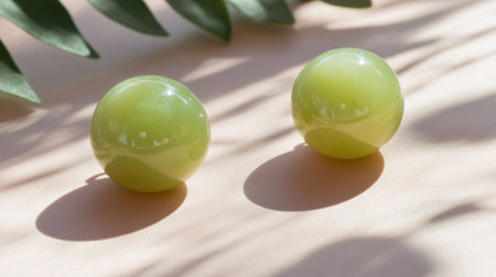 Two vibrant green spheres rest on a soft surface, creating gentle shadows that enhance the simplicity and elegance of the design, inviting a peaceful atmosphere.の素材