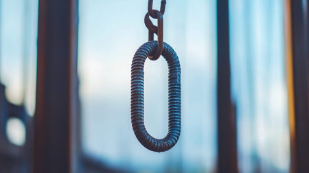 This close-up photo captures a steel link chain hanging in the air, showcasing its texture and form against a vibrant blue background, creating an intriguing abstract image.の素材