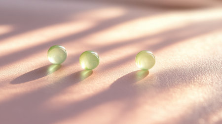 Delicate green spheres rest on a smooth surface, casting soft shadows under warm light, embodying tranquility and elegance in minimalist design.の素材
