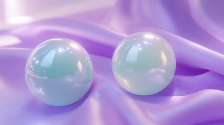 Two elegant shiny spheres rest on a soft purple fabric, showcasing beautiful reflections and highlights, creating a serene and modern atmosphere.の素材