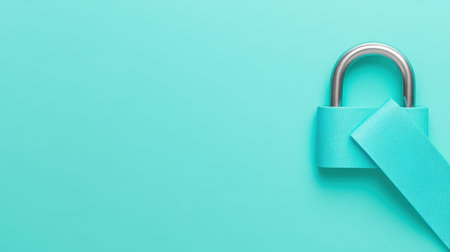 This image features a metallic padlock complemented by a vibrant turquoise ribbon set against a plain background. The minimalist design evokes feelings of security and protection, making it ideal for themes related to safety, trust, and innovation.の素材