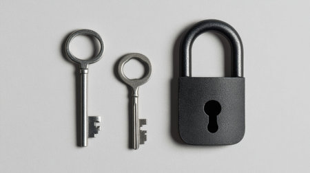 This stock photo features two classic keys and a padlock on a light background, symbolizing security, access, and protection. Perfect for various themes.の素材