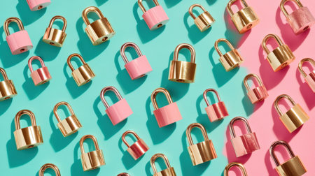 A vibrant arrangement of pink and gold padlocks on contrasting blue and pink backgrounds. Ideal for art projects, branding, and design inspiration.の素材