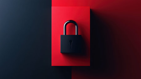 This image features a sleek black padlock against a striking red and dark background. It symbolizes concepts of security, privacy, and protection in various contexts, including digital safety and personal security. The minimalist design focuses on the padlock as a powerful symbol of trust and confidentiality. Perfect for illustrating themes of safety and risk management.の素材
