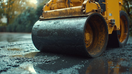 A heavy yellow roller is captured in action, meticulously smoothing newly laid asphalt at a construction site, showcasing the vital role of machinery in road construction.の素材