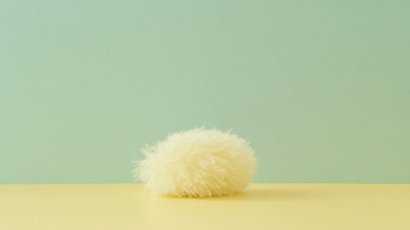 This image features a soft, fluffy yellow decorative object resting on a pastel green background, ideal for home decor and lifestyle concepts.の素材