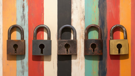 This artistic image showcases four vintage padlocks displayed against a colorful striped wooden background, emphasizing texture, security, and style in home decor.の素材