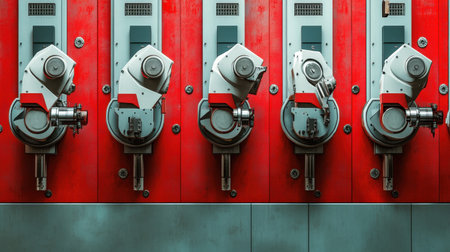 A row of industrial robots positioned against a vibrant red wall, showcasing advanced machinery and intricate details of modern technology in a factory setting.の素材