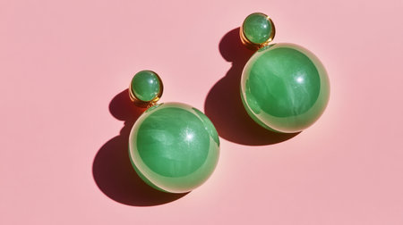 Stunning pair of green resin earrings featuring a sophisticated glossy finish and gold accents, perfect for adding a touch of elegance to any outfit.の素材