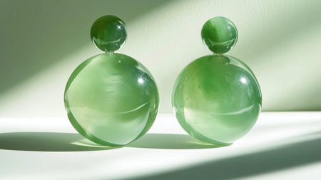 Two elegant green glass orbs sit on a pristine white surface, capturing soft light and reflections, showcasing a modern and minimalist aesthetic.の素材