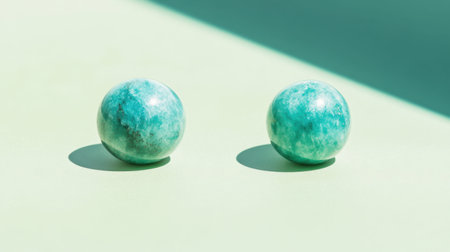 Two smooth green stones rest on a soft surface, casting gentle shadows in a tranquil setting. Ideal for design and artistic projects, this image evokes harmony and simplicity.の素材