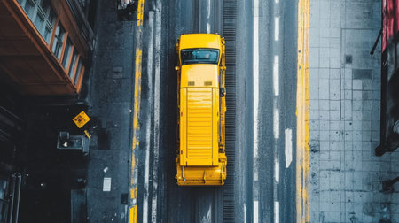 An aerial shot showcases a vibrant yellow truck traveling down a city street, surrounded by urban architecture and organized chaos, capturing everyday city life.の素材