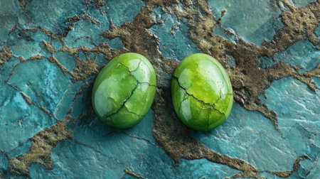 This captivating image features two cracked green eggs set on a stunning textured blue stone surface, illuminated by natural light. Perfect for art and design enthusiasts.の素材