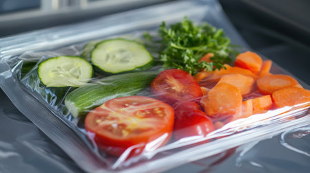 A close-up view of an assortment of freshly cut vegetables, including tomatoes, cucumbers, and carrots, packaged in transparent materials, ideal for healthy meal preparation and snacks.の素材