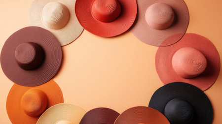 A vibrant collection of wide-brimmed hats arranged in a circular pattern against a soft background. Perfect for fashion themes or summer accessories.の素材