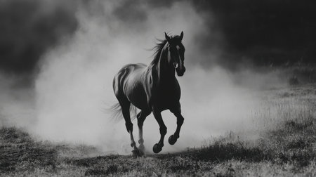 A striking black horse races through a foggy terrain, creating an atmosphere of power and freedom. This monochrome image highlights movement and grace.の素材