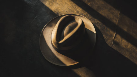 A beautifully designed brown hat placed on a dark surface, illuminated by soft light and dramatic shadows, creating an elegant and artistic atmosphere.の素材