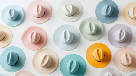 A vibrant collection of colorful vintage cowboy hats displayed symmetrically on a clean white surface, perfect for fashion and design inspiration.の素材