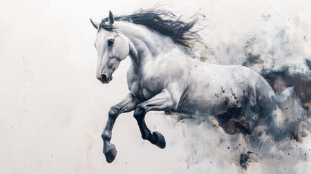 A stunning artwork depicting a white horse in mid-gallop, capturing the essence of freedom and elegance against a swirling, textured background.の素材